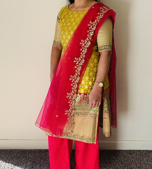 Picture of Banaras pattu dress with cigar pants