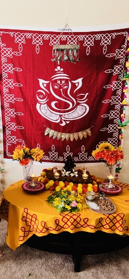 Picture of 4ft by 4ft  Ganesha Backdrop with rangoli design .