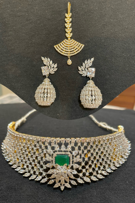 Picture of Real CZ's chocker, earrings and maang tikka combo