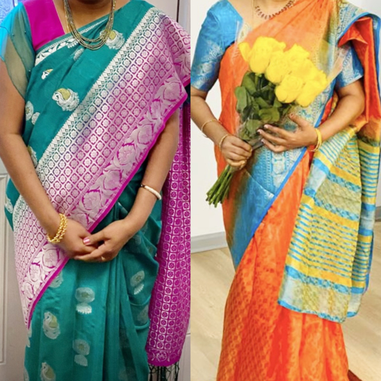 Picture of Combo sarees Dupian pattu lux green and fancy pattu orange sarees