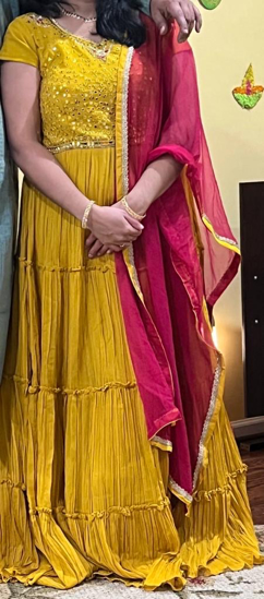 Picture of Mango Yellow georgette layered mirror yoke long frock