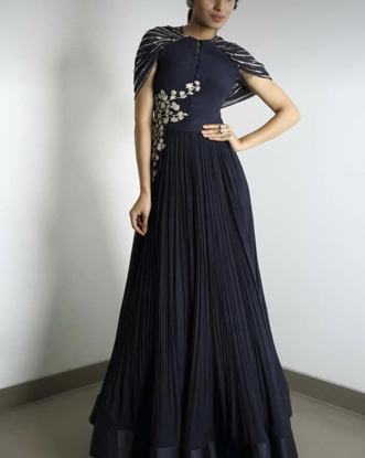 Picture of Designer chiffon blue cowl draped sequin dress