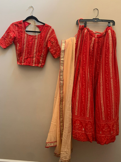 Picture of Red chikankari lehenga with Peach Color dupatta