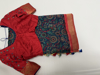 Picture of Dark blue digital print semi banaras saree with contrast red  hand work blouse