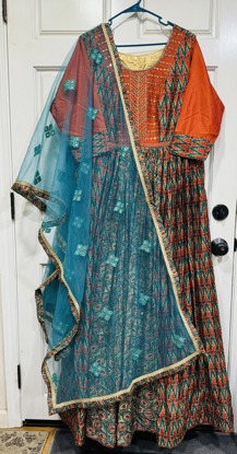 Picture of New Floor Length  Full sleeves  Orange & Green Anarkali dress