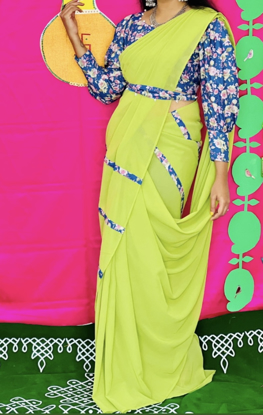 Picture of Green chiffon saree with floral designer blouse