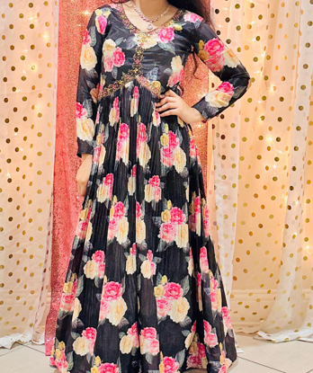 Picture of PL526 Black chinon floral alia cut anarkali