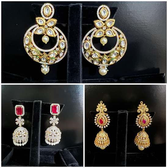 Picture of 3 earrings CZ Jhumkas and Kundan chandbalis