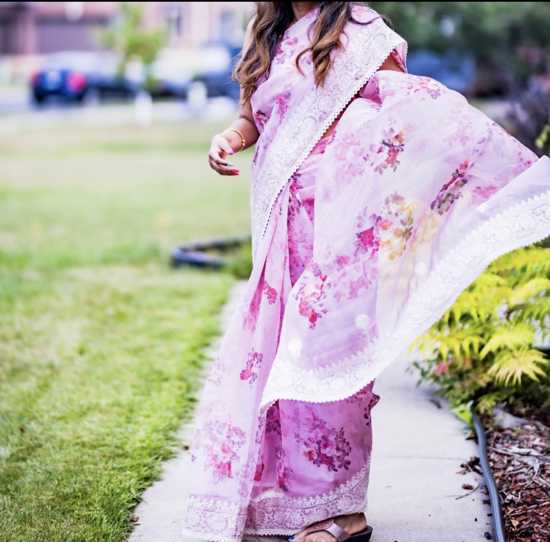 Picture of Baby pink floral organza saree with custom made blouse