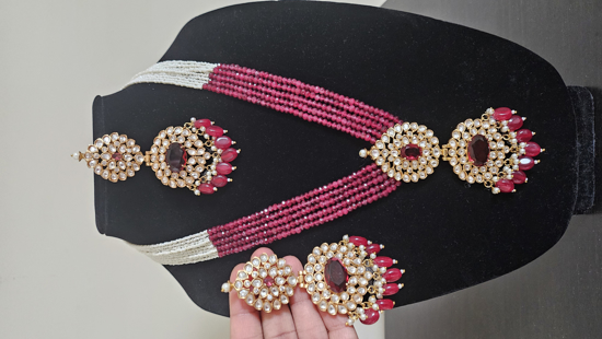 Picture of Dual beads - Ruby Onyx beads & Sugar Pearls with Kundan pendant with Monalisa beads & pearls