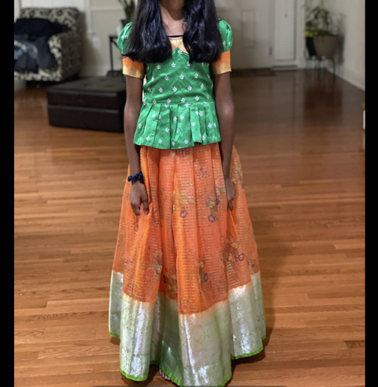 Picture of Orange floral organza lehenga with green work blouse 10-12y