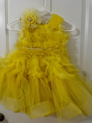 Picture of PL569 Brand new yellow feathers dress by little angels 4-5y