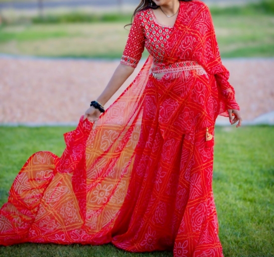 Picture of Custom made Beautiful red Bandhini 3 piece set with Maggam work belt 