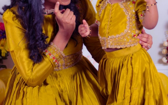 Picture of Golden yellow lehenga croptop