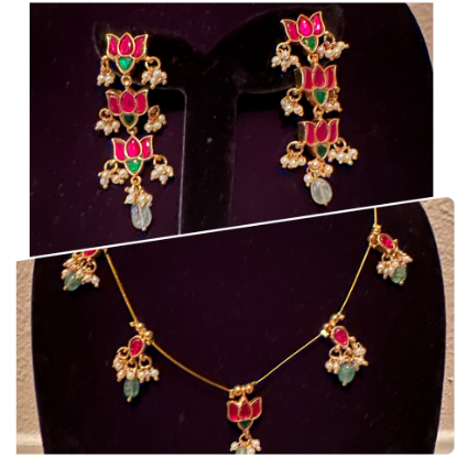 Picture of Trending lotus jadau kundan invisible chain with matching layer earrings