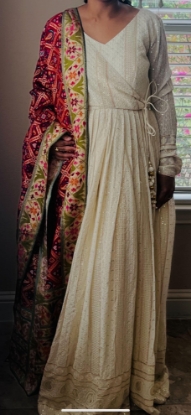 Picture of Angrakha style chikankari frock with patola dupatta