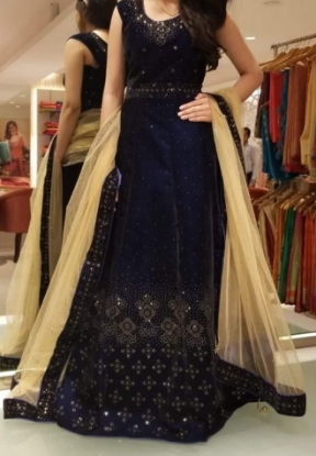 Picture of Manyavar blue velvet Party wear gown 