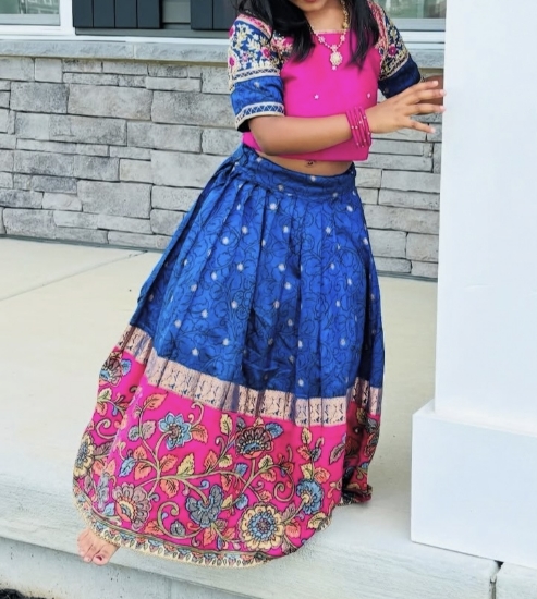 Picture of Blue and pink Kalamkari langa with maggam work blouse 4-6y