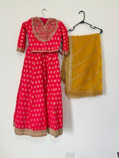Picture of Yellow and Pink Party Wear Lehenga with Work