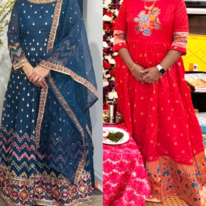 Picture of Full length soft organza long dress and Red long frock combo