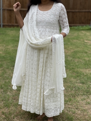 Picture of Pure georgette dress with all over chikankari in kali pattern with duppata