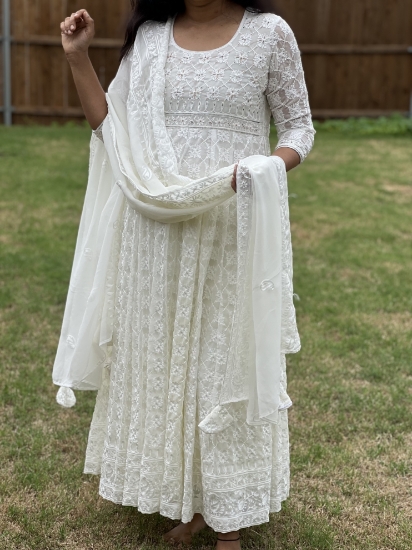 Picture of Pure georgette dress with all over chikankari in kali pattern with duppata