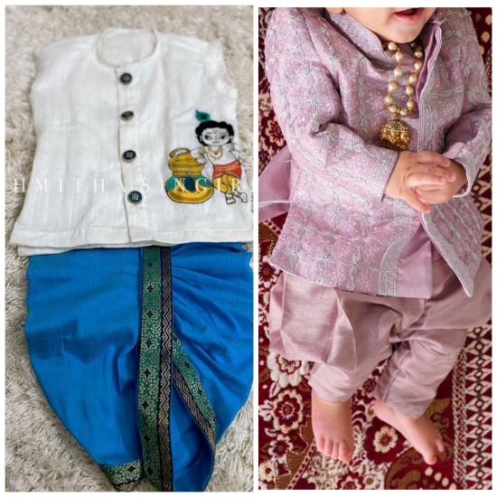 Picture of Pink Sharwani and Krishna Embroidered dhoti set combo 6m-1yr