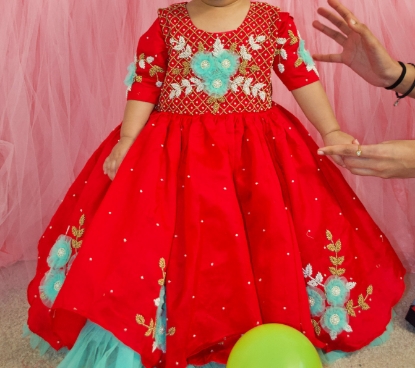 Picture of Red and Sky blue designer frock 0-2 years