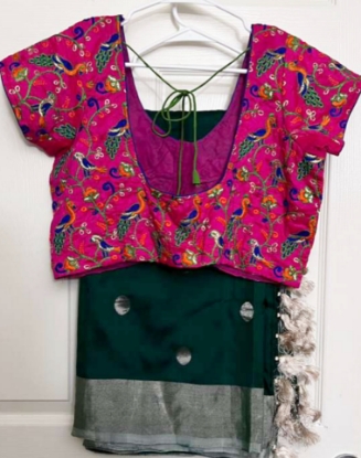 Picture of Uppada Green Pattu Saree with contrast blouse