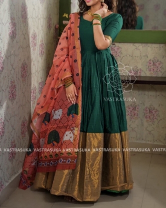 Picture of Bottle Green Long Frock with Pichwai Dupatta