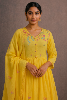 Picture of Sunshine Yellow Pure Mul Cotton Anarkali Kurti Palazzo Dupatta 