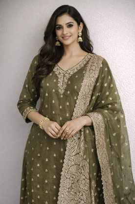 Picture of Olive green Banarasi kurti set