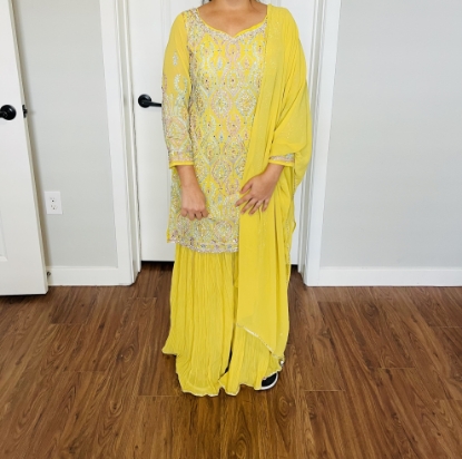 Picture of Yellow georgette sharara set