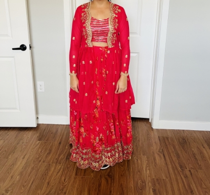 Picture of Red floral lehenga with cape