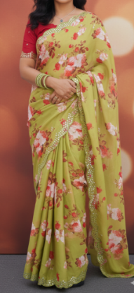 Picture of Pure Satin Floral Print mirror work saree with blouse 
