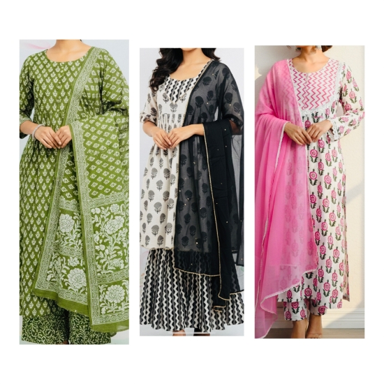 Picture of Set of 3 Pure Jaipuri Cotton 3 pc Kurthi sets 