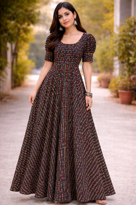 Picture of Black pure cotton ikkath print long dress