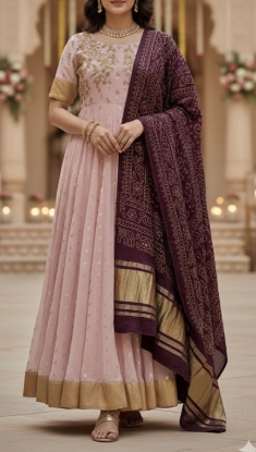 Picture of Pink Anarkali with Wine Patola Silk Dupatta