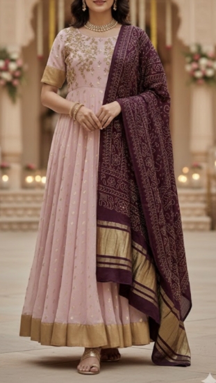 Picture of Pink Anarkali with Wine Patola Silk Dupatta