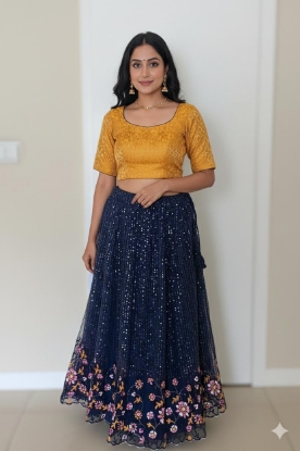 Picture of Navy blue netted lehenga with benaras blouse