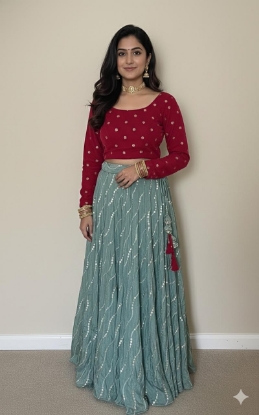 Picture of Teal blue lehenga with velvet crop top 