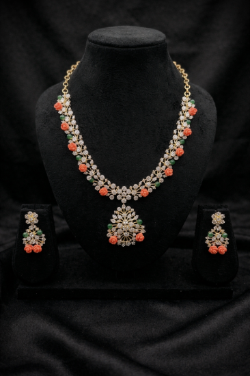 Picture of New Jade and Coral diamond look alike necklace set and earrings 