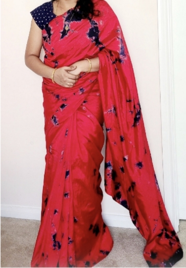 Picture of Red Shibori saree with Mirror work blouse