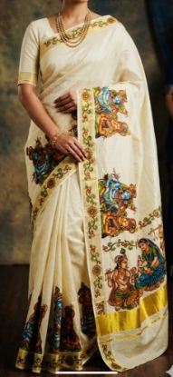 Picture of Hand Painted Handloom Kerala Kasavu Saree 