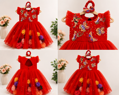 Picture of Orange butterfly floral theme dress(1 year)