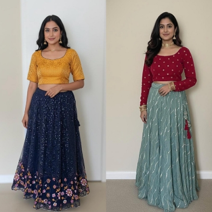 Picture of Combo: Teal blue lehenga with velvet crop top and Navy blue netted lehenga with benaras blouse