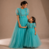 Picture of Mom(34) & Daughter(3y) combo blue net hand embroidery long frocks 