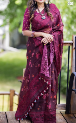Picture of Elegant Deep Maroon Floral Organza Saree with Matching Blouse & Tassel Detail