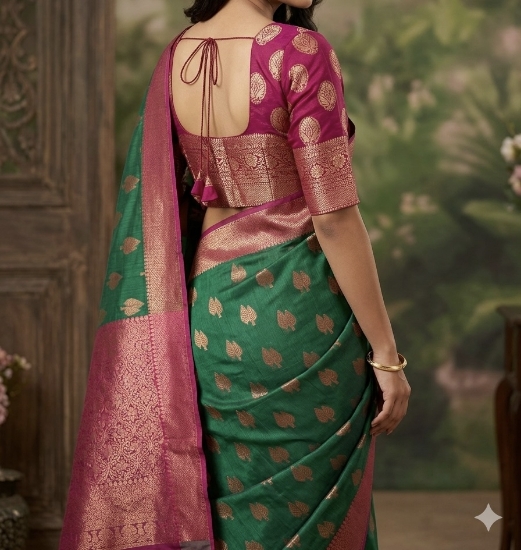 Picture of New Deep emerald green body adorned with copper/gold zari tree 