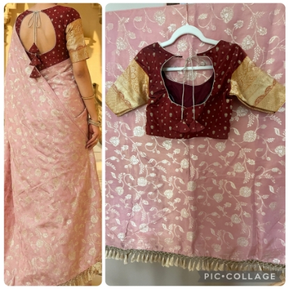 Picture of New vintage pink Banarasi silk Saree with matching maroon and gold blouse